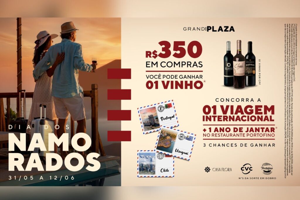 Grand Plaza presenteia namorados com vinho e sorteio para jantares e viagens internacionais