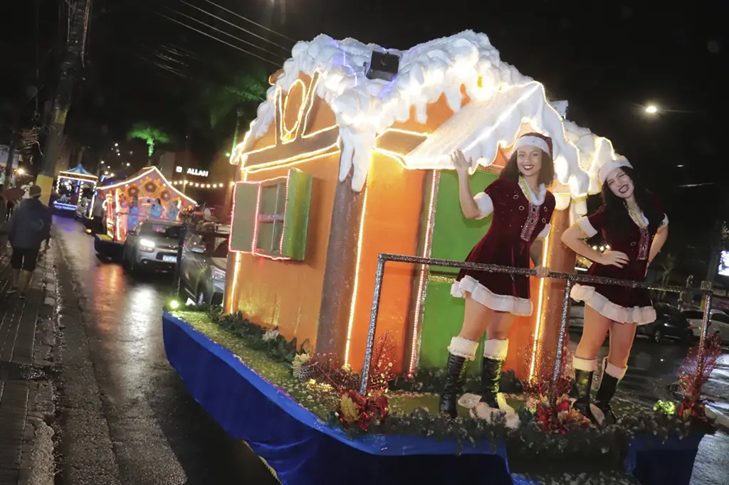 Rua Felipe Sabbag decorada com luzes e enfeites natalinos em Ribeirão Pires