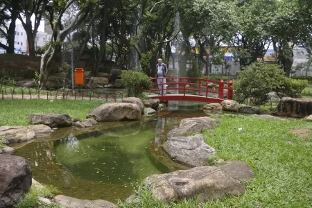 Praça Japonesa em São Bernardo, com paisagismo renovado, pontes de madeira e iluminação estilizada