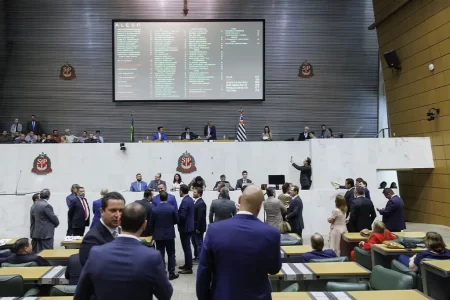 Deputados durante votação do orçamento estadual de 2025 na Assembleia Legislativa do Estado de São Paulo.