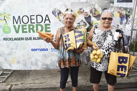 Moradores participando da troca de recicláveis por alimentos no programa Moeda Verde em Santo André.