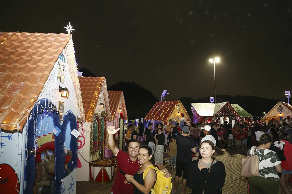 Árvore de Natal gigante iluminada na Praça dos Imigrantes em São Caetano do Sul.