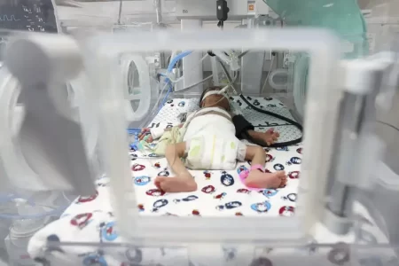 Recém-nascido prematuro recebendo cuidados em uma incubadora na UTI neonatal.