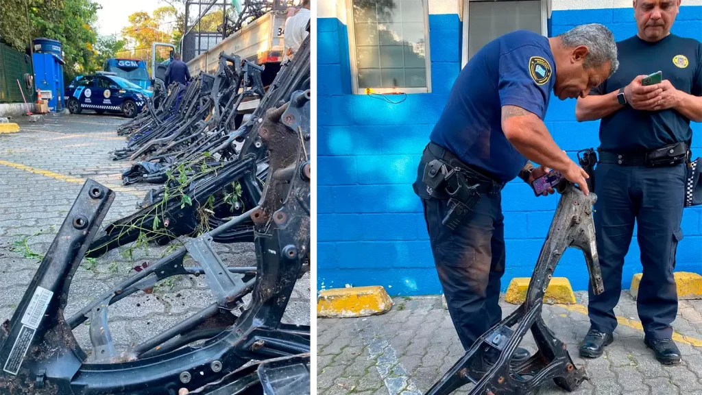 Guarda Civil Municipal de Diadema durante operação que apreendeu 64 carcaças de motocicletas abandonadas em área de mata no bairro Campanário.