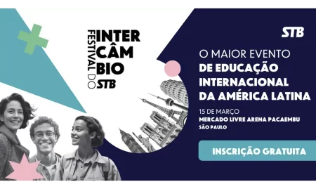 Imagem do Festival do Intercâmbio STB, com estandes de instituições internacionais e pessoas participando de palestras e atividades sobre intercâmbio.