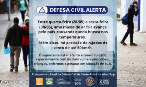 Defesa Civil de Santo André alerta para queda brusca de temperatura e ventos fortes entre os dias 28 e 30 de maio
