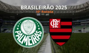 Jogadores de Palmeiras e Flamengo disputam bola em campo, simbolizando o clássico entre os líderes do Brasileirão 2025 no Allianz Parque.
