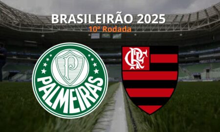 Jogadores de Palmeiras e Flamengo disputam bola em campo, simbolizando o clássico entre os líderes do Brasileirão 2025 no Allianz Parque.
