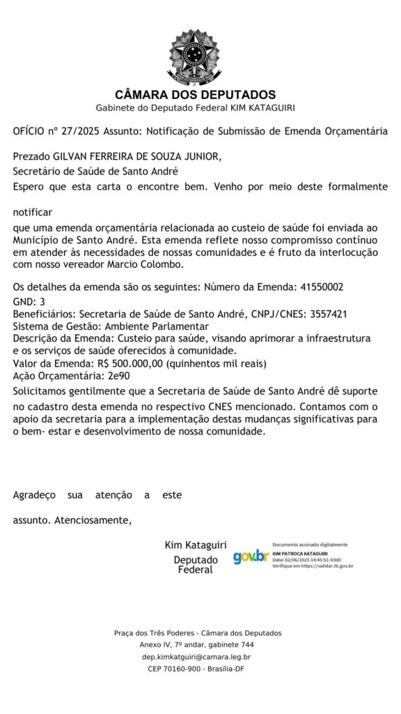 Kim Kataguiri destina R$ 500 mil para a Saúde de Santo André 1 Kim Kataguiri destina R$ 500 mil para a Saúde de Santo André