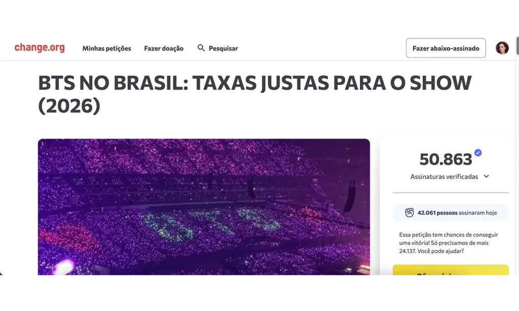 Fãs do BTS no Brasil criam 34 abaixo-assinados para cobrar condições justas e seguras nos shows Fãs do BTS no Brasil criam 34 abaixo-assinados para cobrar condições justas e seguras nos shows