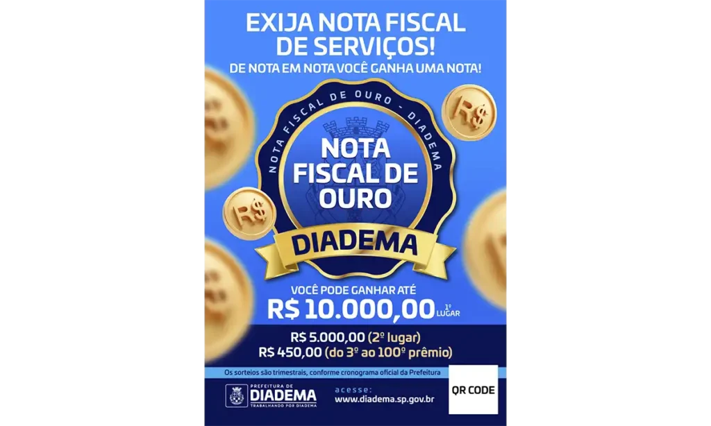 Prefeitura de Diadema abre cadastro para sorteios da Nota Fiscal de Ouro 2026 Prefeitura de Diadema abre cadastro para sorteios da Nota Fiscal de Ouro 2026